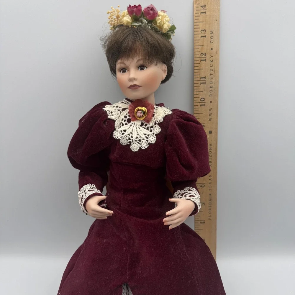 Vintage‎ Porcelain Doll Victorian Burgundy Velvet Dress Floral Hairpiece W Chair